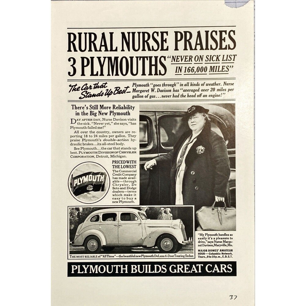 Plymouth "Rural Nurse Praises 3 Plymouths" Vintage Print Ad 1937